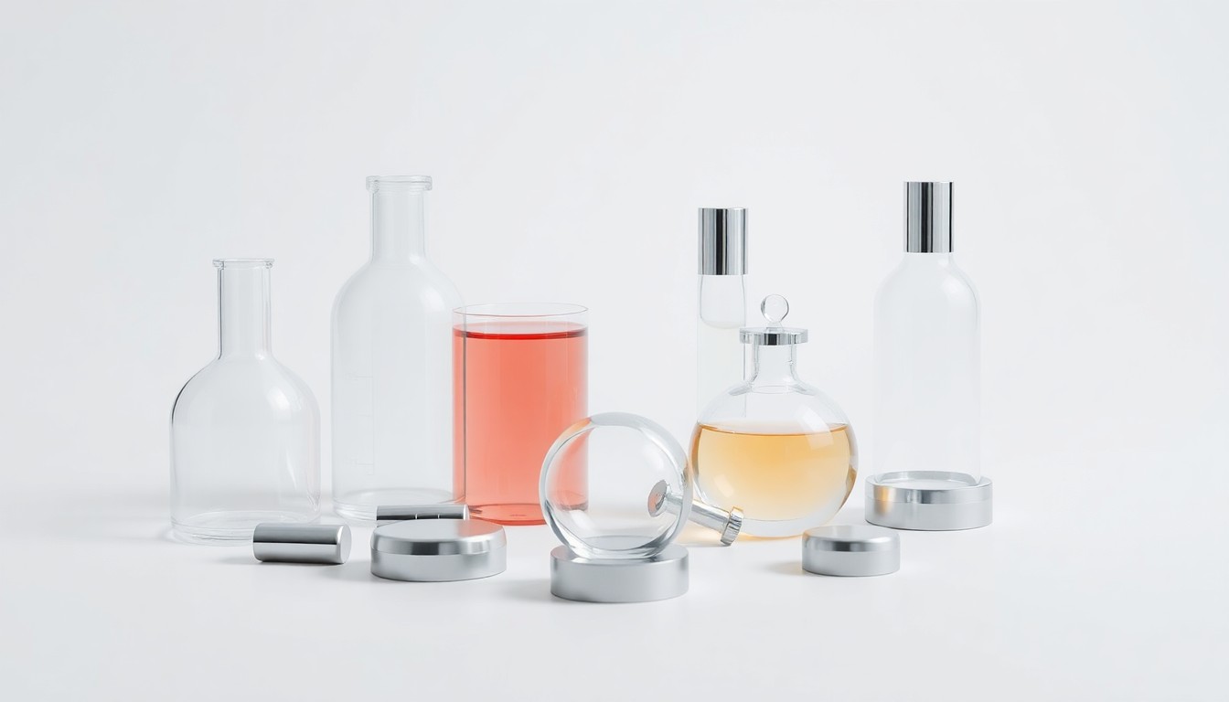 A photorealistic studio still life featuring a collection of sleek, minimalist glass and metal objects arranged on a clean white background, conceptually representing the collaborative drug discovery process between pharmaceutical companies.