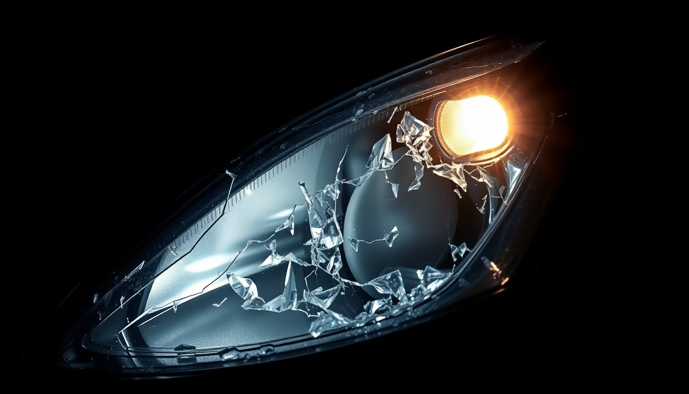 An extreme close-up photograph of a shattered car headlight lens, the broken glass and twisted metal conceptually representing the aftermath of a high-speed highway collision.