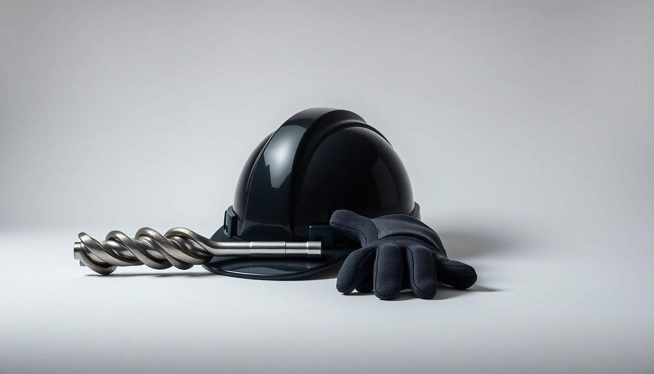 A photorealistic studio still life featuring a polished metal drill bit, a sleek black hard hat, and a pair of heavy-duty work gloves arranged elegantly on a clean, monochromatic background, conveying the precision and power of the offshore drilling industry.