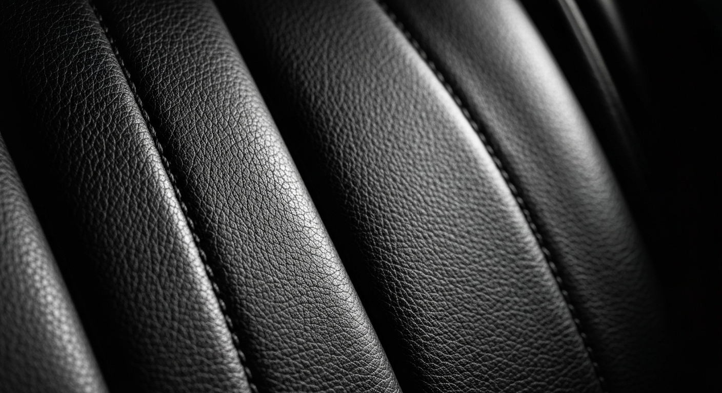 An extreme close-up photograph of the pebbled, textured leather interior of an automobile, captured in dramatic lighting to highlight the rich colors and patterns, conveying a sense of the durability and craftsmanship that has defined Simplest Auto Body's 50 years of service.