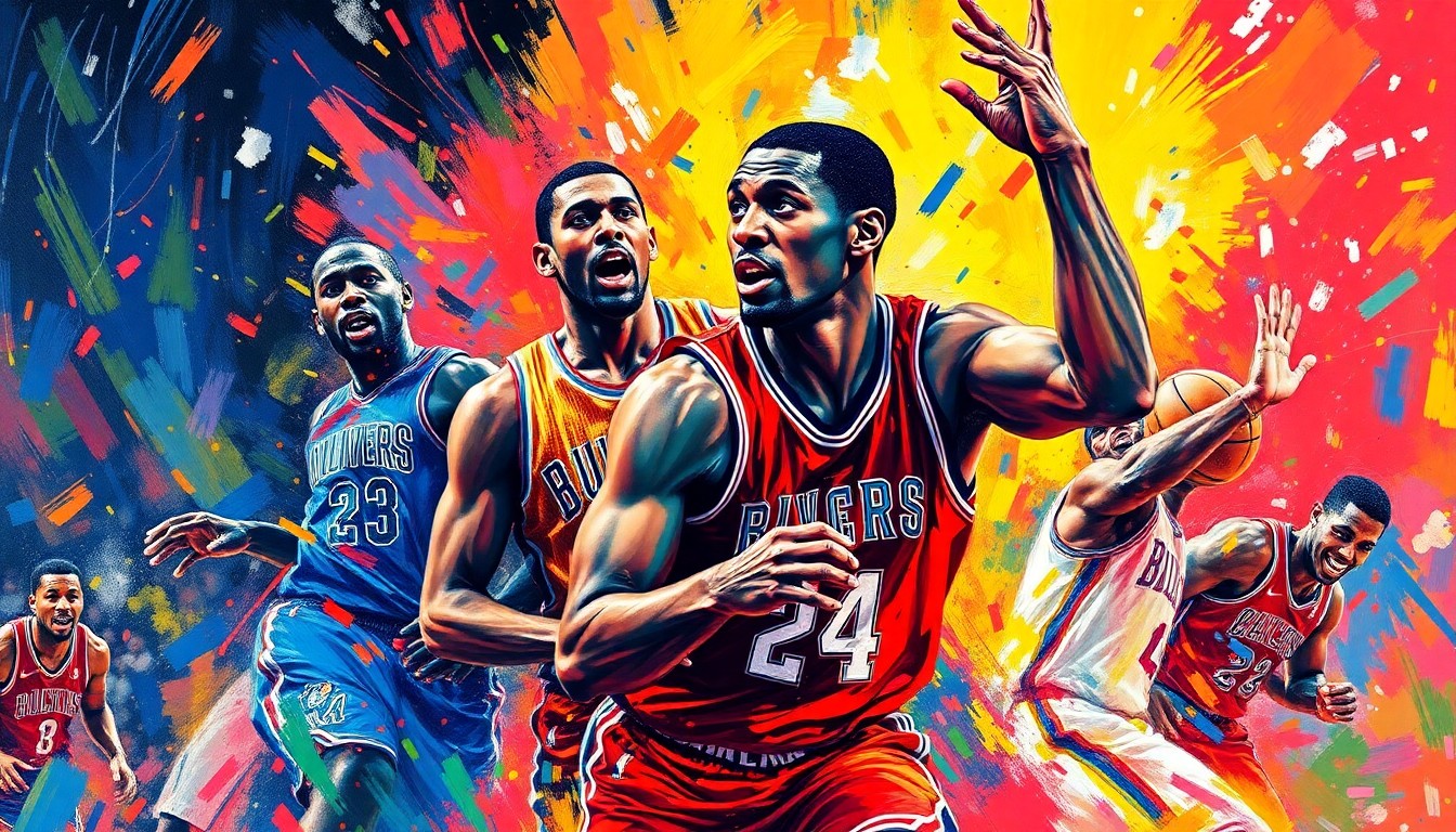 An abstract, energetic painting in neon colors depicting the frenetic action of a basketball game, with players' forms dissolving into expressive brushstrokes.