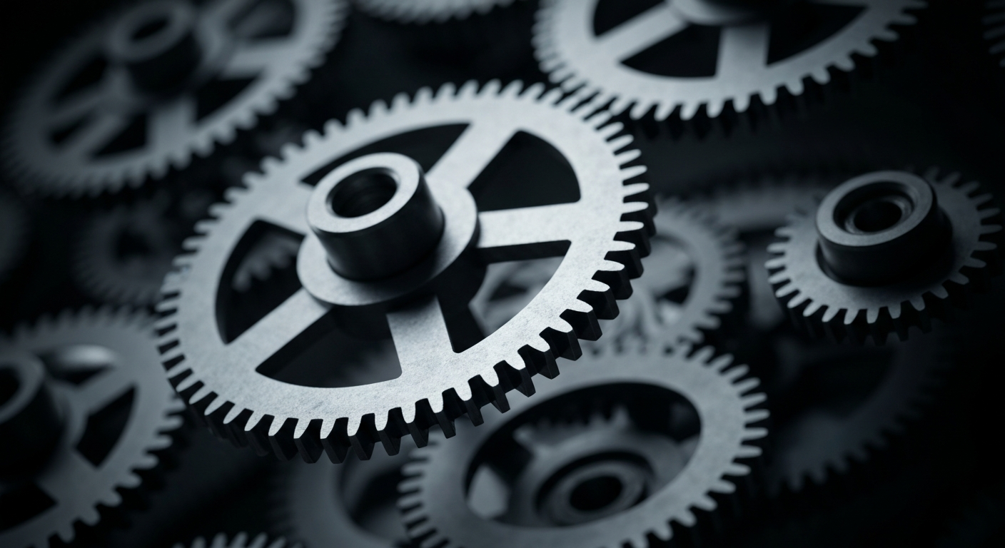 An extreme close-up of intricately designed metal gears and machinery, conveying the complex financial infrastructure and institutional investment that supports Amazon's growth as an e-commerce leader.