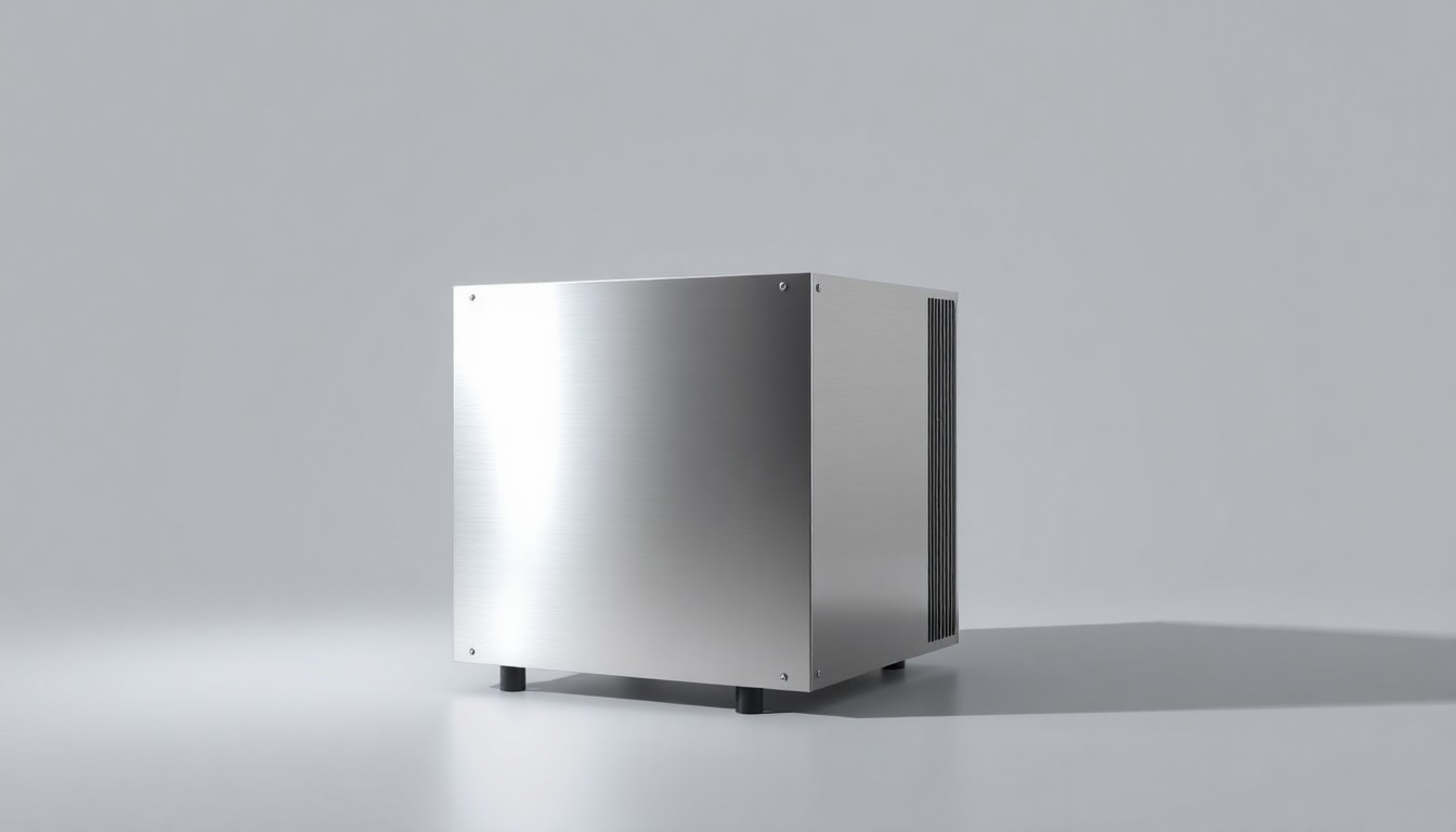 A photorealistic studio still-life photograph of a sleek, polished metal power distribution unit or electrical transformer on a clean, monochromatic background, symbolizing the critical infrastructure powering AI data centers.
