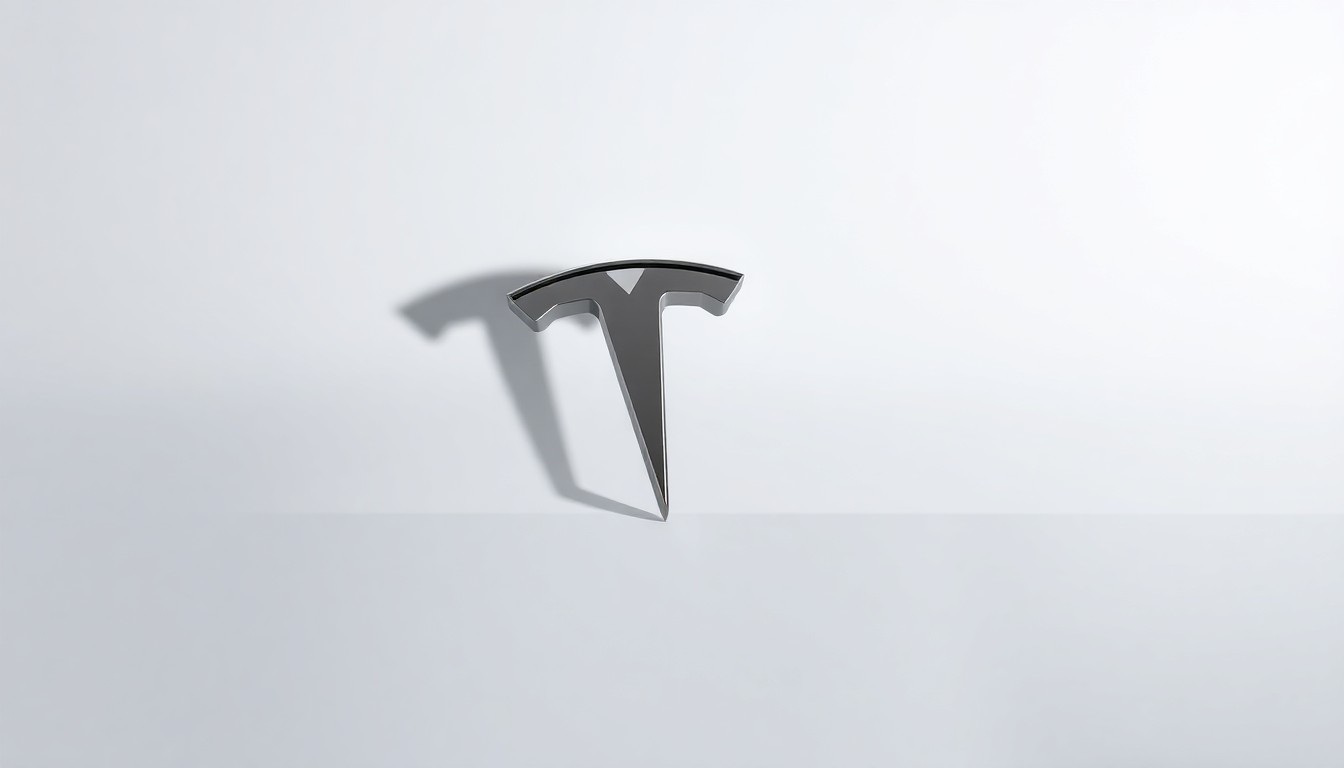 A high-end, photorealistic studio still-life photograph featuring a sleek, metallic Tesla logo sculpture resting on a clean, monochromatic background. The logo is lit dramatically with sharp shadows, conceptually representing Tesla's evolution as a diversified technology company.