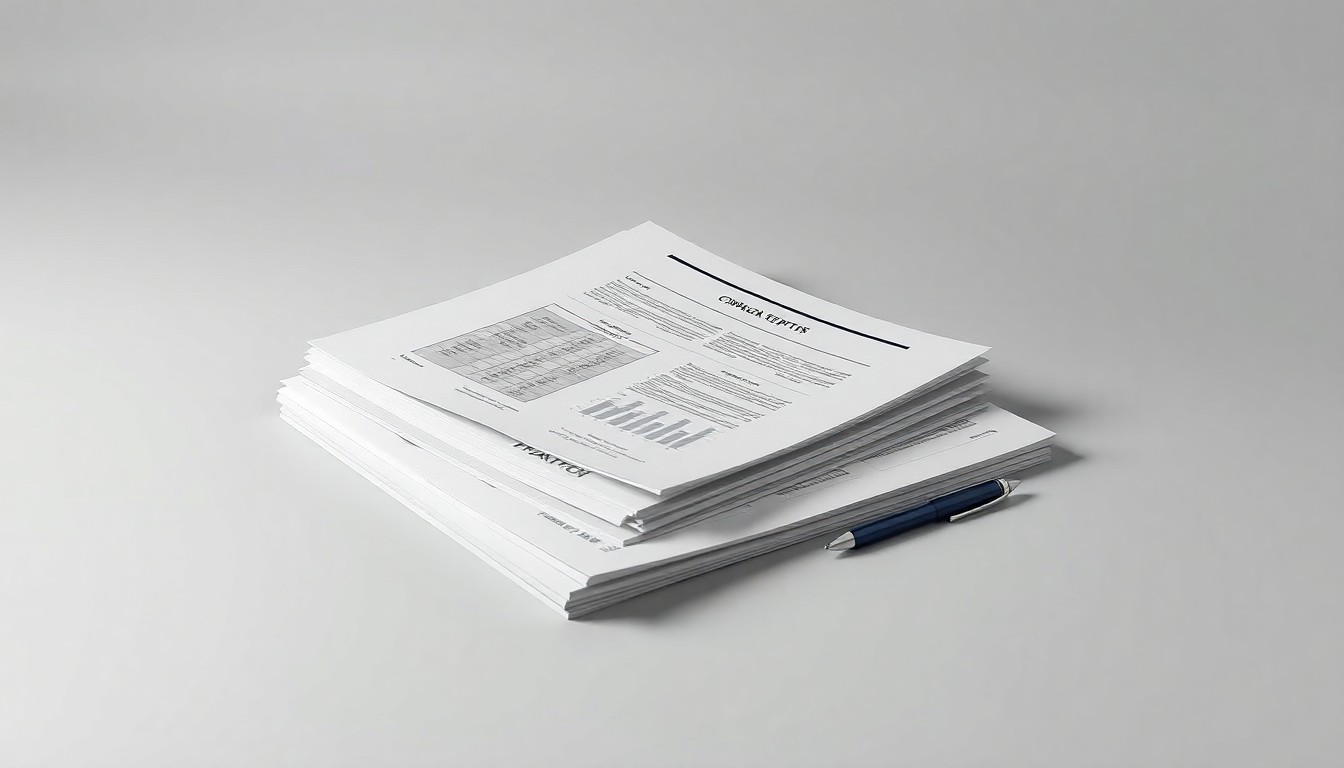 A photorealistic studio still life featuring a stack of financial reports, a calculator, and a pen arranged on a clean, monochromatic background, symbolizing the data-driven analysis and financial insights at the heart of Zacks' earnings preview.