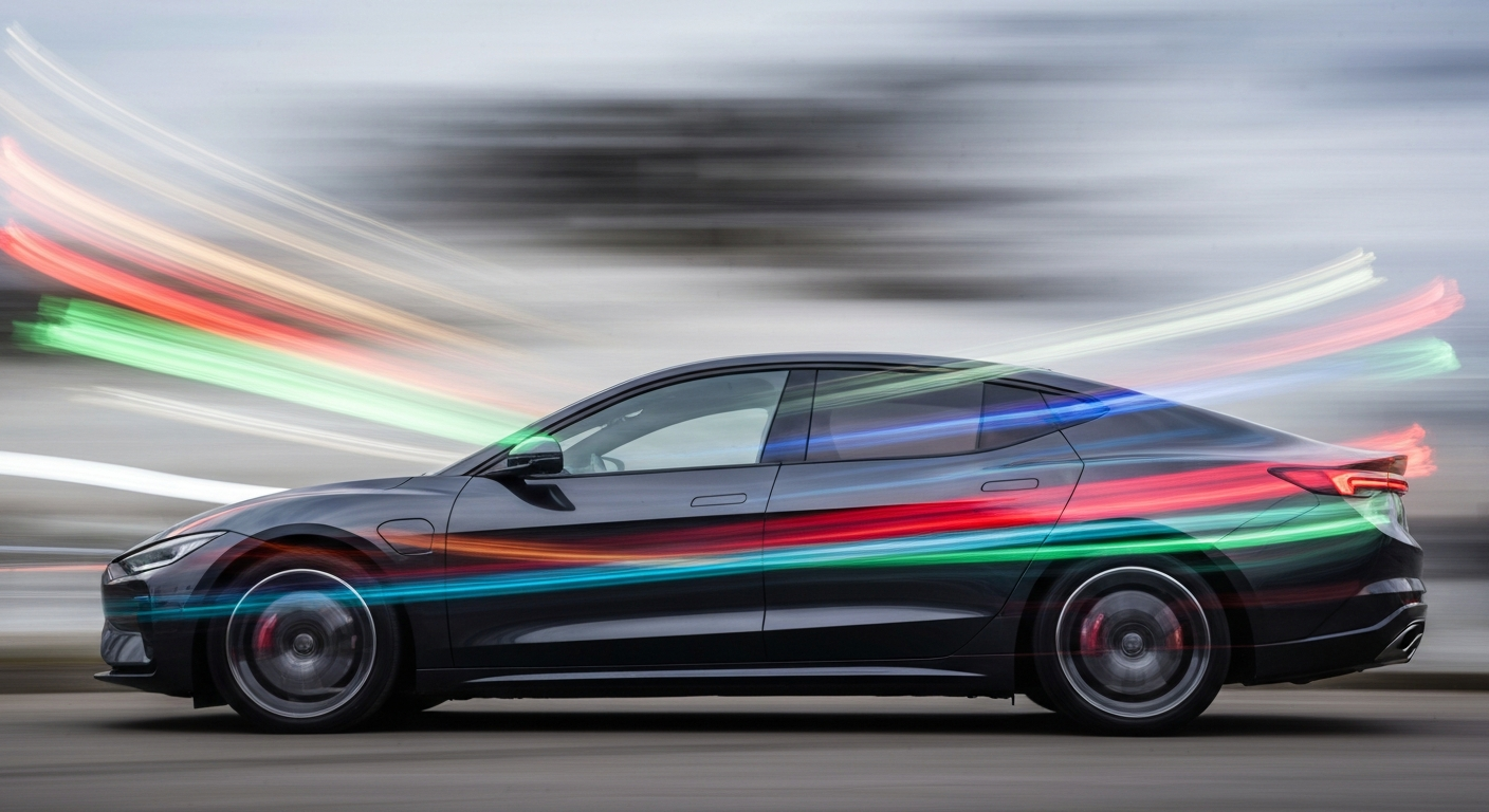 An abstract, colorful image depicting a modern electric vehicle in motion, with blurred lines and streaks of color conveying a sense of speed and energy.