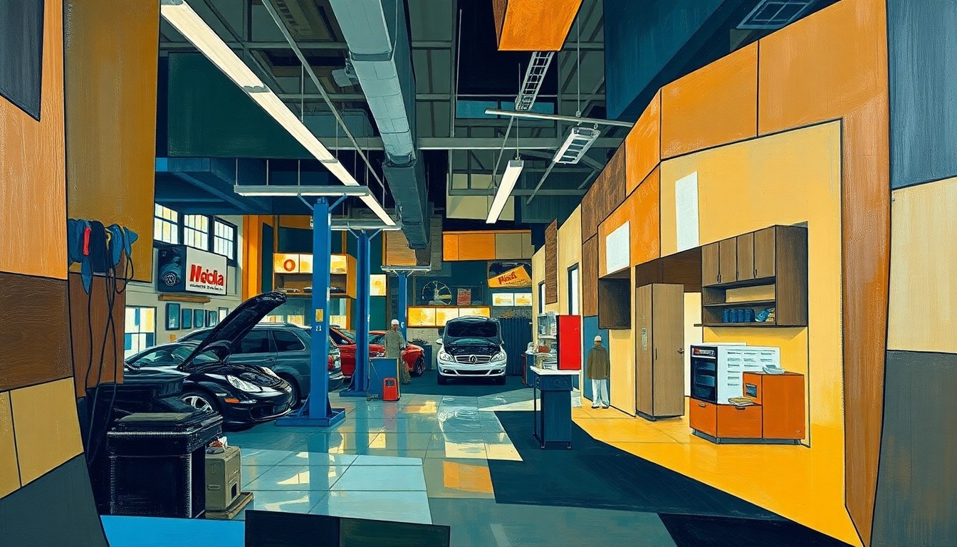 A cubist, geometric painting depicting the interior of an auto repair shop, with overlapping planes of warm earth tones, metallic grays, and deep blues, conveying the shop's enduring presence in the Yonkers community.