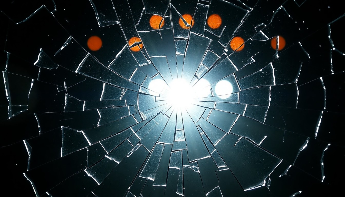 An extreme close-up photograph of shattered glass reflecting dramatic studio lighting, conceptually representing the intense drama and interpersonal conflicts of a soap opera storyline.