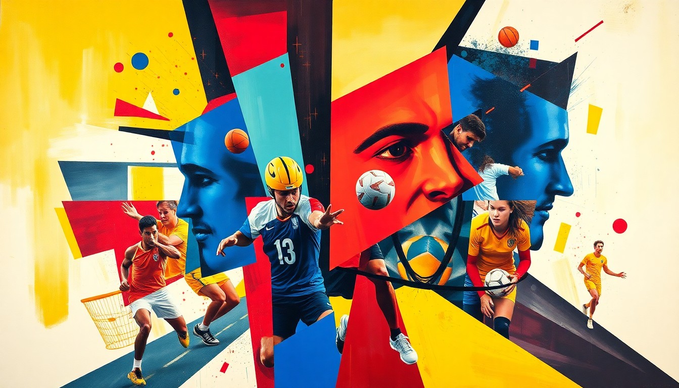 A fractured, multi-perspective painting featuring overlapping geometric shapes and planes in vibrant shades of blue, red, and yellow, conceptually representing the competitive spirit and varied outcomes of local sports matches.