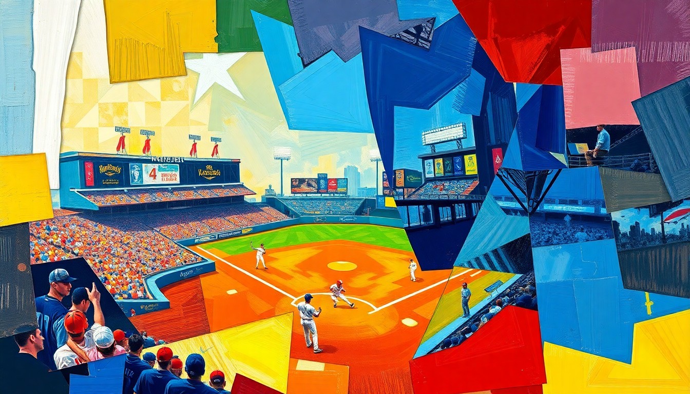 A cubist, geometric painting depicting a baseball game or match, with sharp, overlapping planes of color representing the dynamic action on the field.