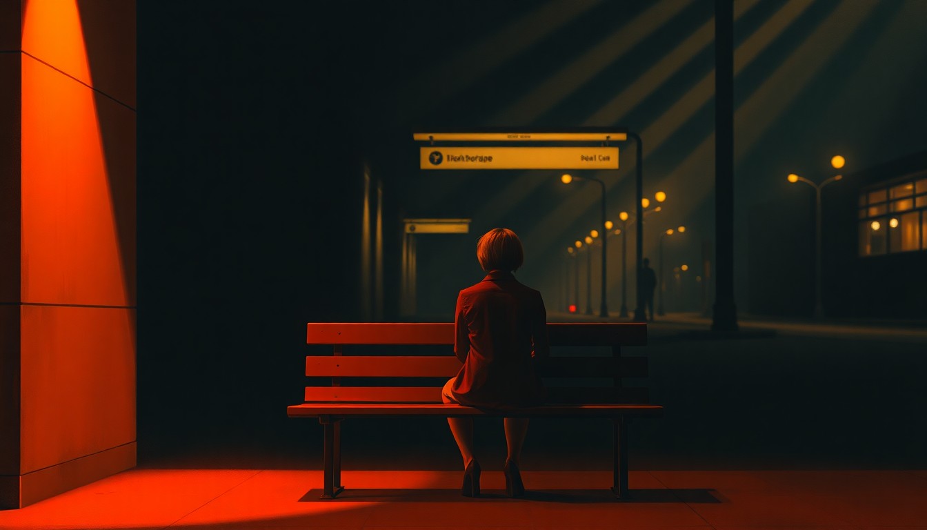 A cinematic painting of a solitary transgender person sitting alone on a bench in a dimly lit urban setting, with warm sunlight and deep shadows creating a pensive, melancholic mood.