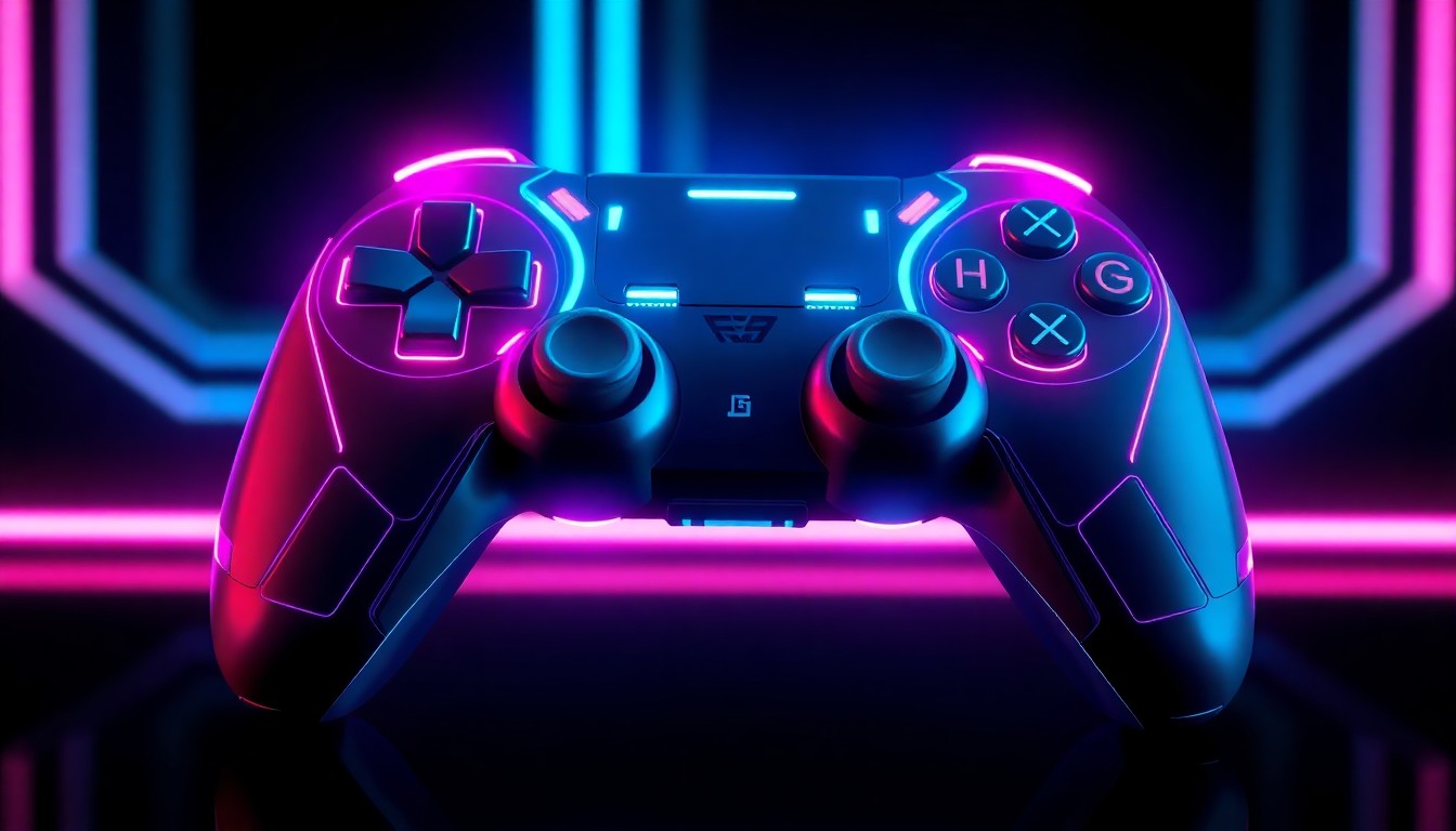 A highly detailed, glowing 3D illustration of a futuristic game controller with neon cyan and magenta lights, conceptually representing the advanced technology that will drive the next generation of gaming.