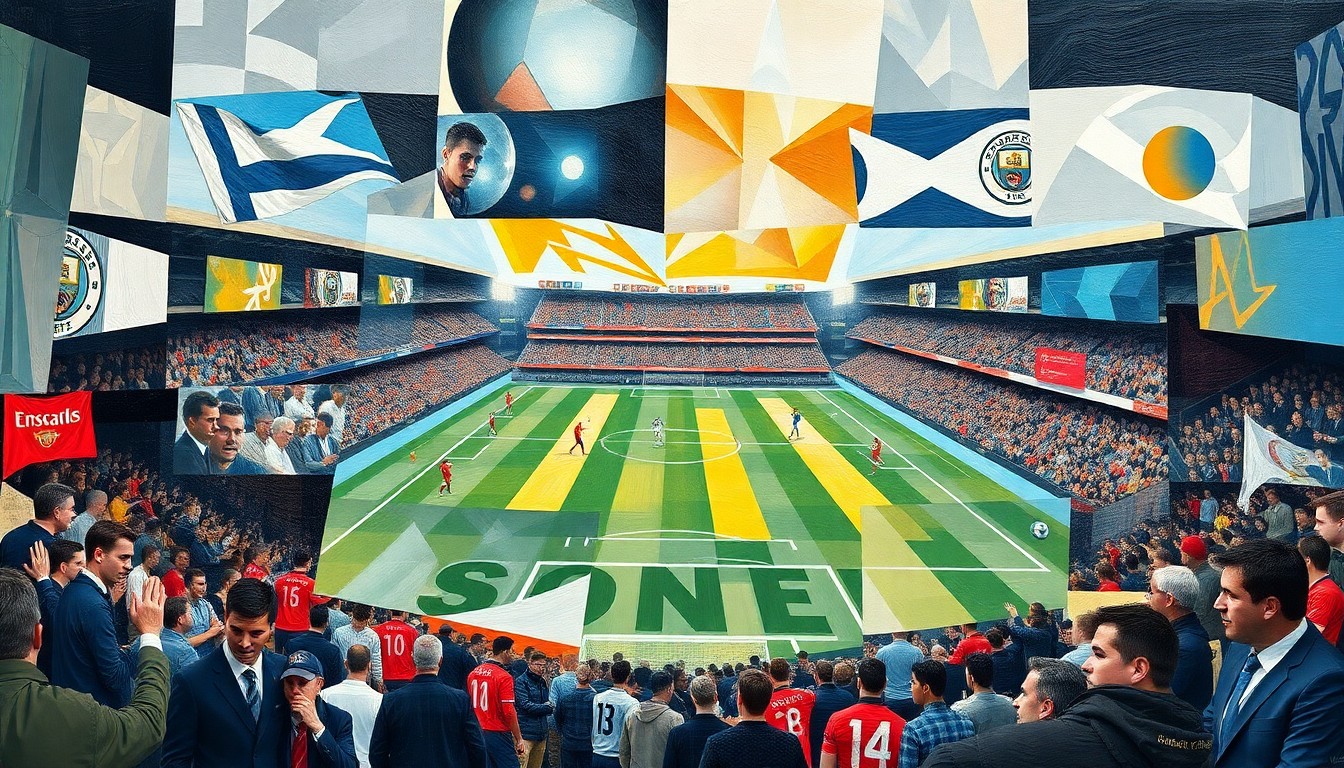 A fragmented, geometric painting depicting a soccer match, with overlapping planes of color and form representing the intensity and strategic nuances of the game.