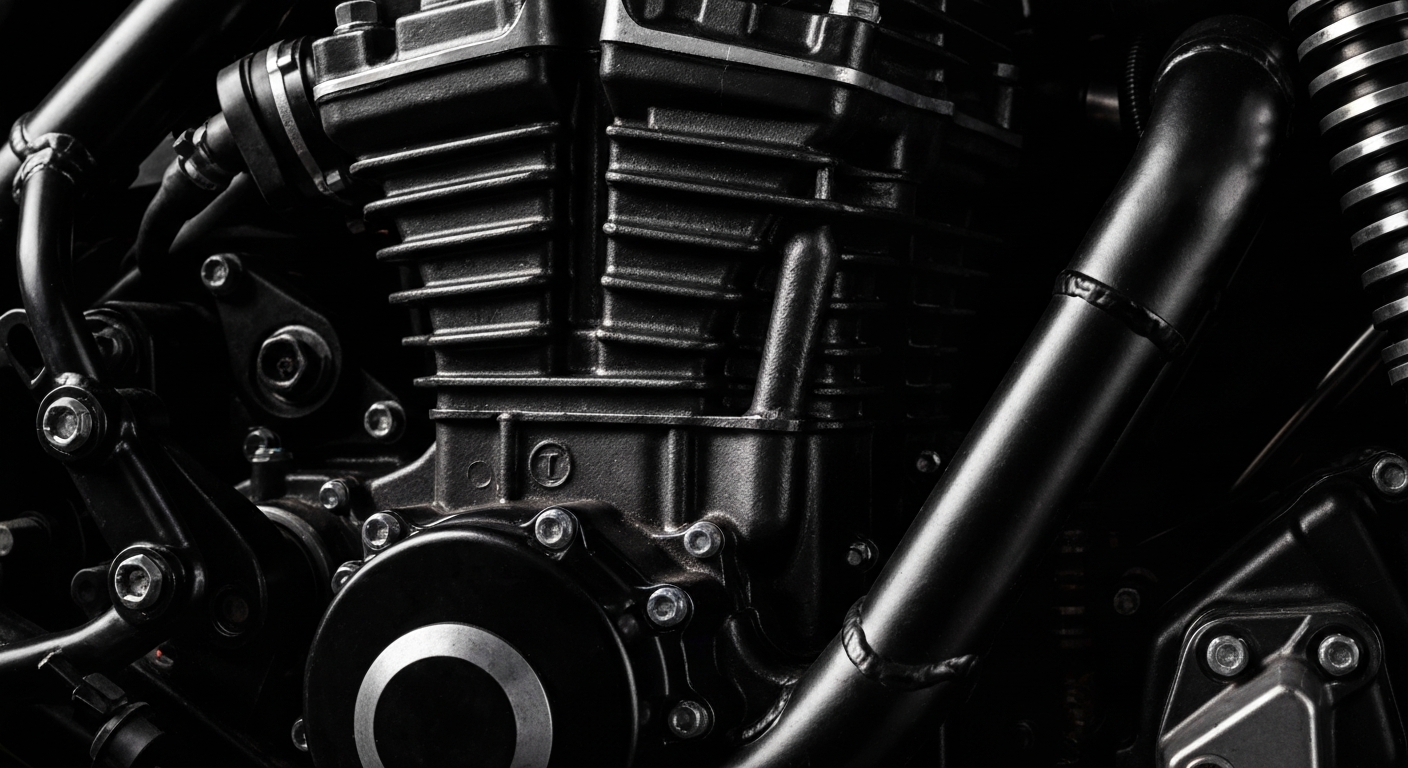 An extreme close-up of the pebbled leather, woven mesh, and metal surfaces of a motorcycle engine, captured in dramatic lighting to showcase the raw materials and craftsmanship.