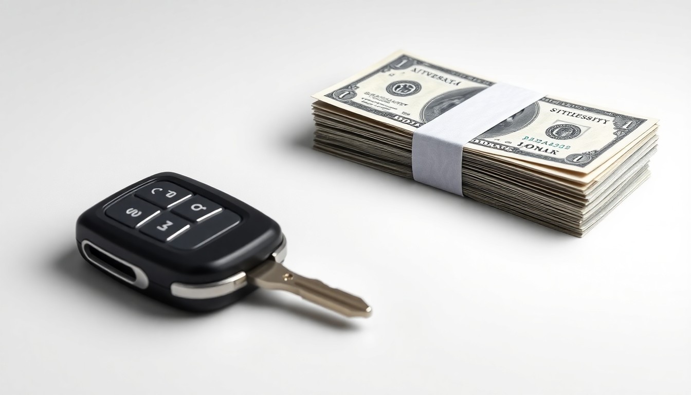 A photorealistic studio still life featuring a sleek car key and a stack of dollar bills on a clean, monochromatic background, symbolizing the financial aspects of the ride-sharing industry and Lyft's efforts to improve profitability.