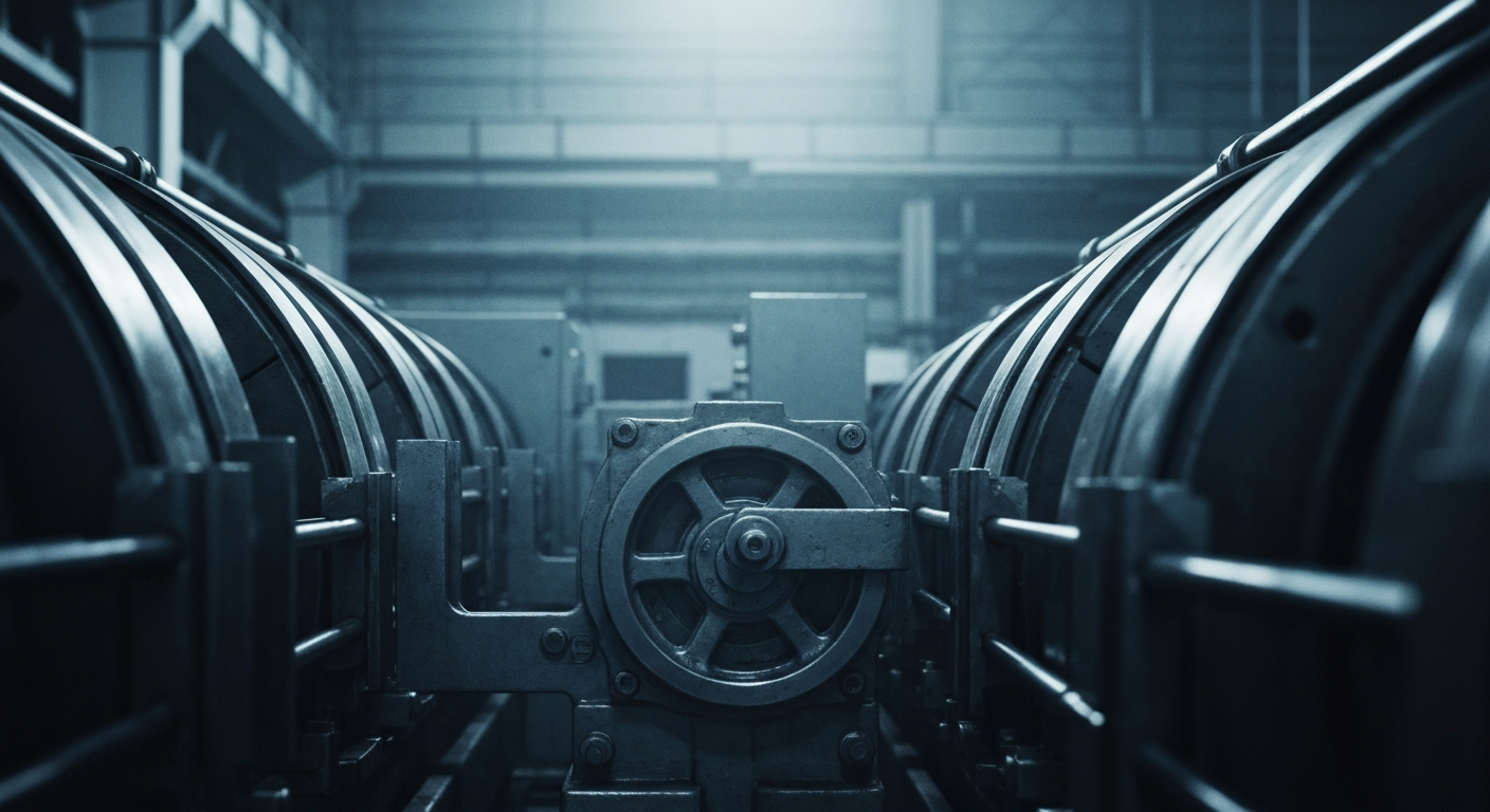 An extreme close-up of intricate, industrial-looking banking equipment and mechanisms, conveying a sense of the complex financial systems underlying the iconic lingerie brand.