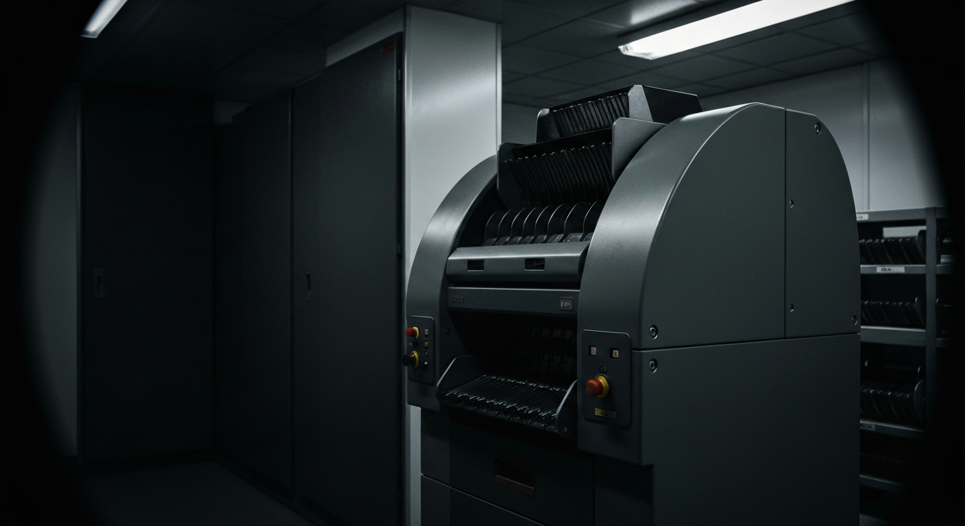 An extreme close-up of the gears, levers, and metal components of a large banking machine, conveying the tangible, industrial nature of financial infrastructure.
