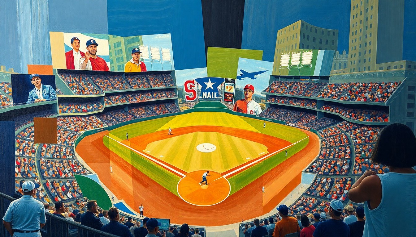 A cubist-style painting featuring overlapping geometric shapes and planes in shades of green, brown, and blue, conceptually representing the motion and competition of a baseball game.