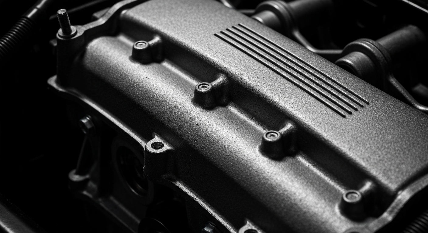 An extreme close-up of the textured, pebbled surface of a car engine block, rendered in dramatic, high-contrast lighting to convey the intricate mechanical details and raw materials of automotive engineering.