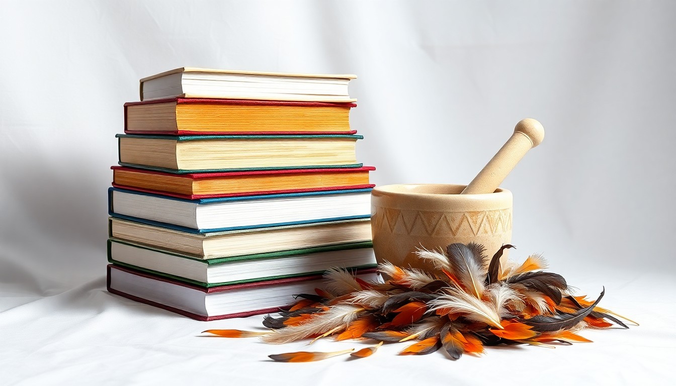 A high-end, photorealistic studio still-life photograph featuring a stack of textbooks, a mortar and pestle, and a handful of poultry feathers arranged elegantly on a clean, white seamless background, symbolizing the academic and agricultural aspects of the poultry science scholarship program.