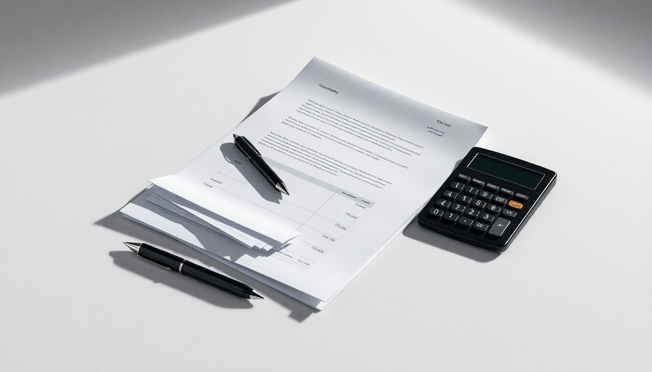 A high-end, photorealistic studio still-life photograph featuring a stack of business documents, a pen, and a calculator arranged elegantly on a clean, monochromatic background, conveying a sense of precision and professionalism in the world of corporate finance.