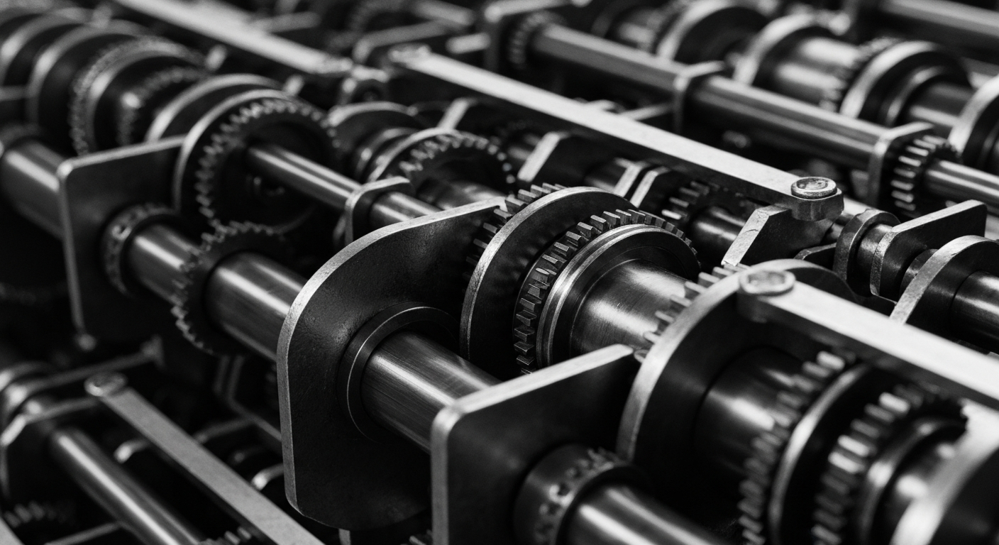 A high-contrast, close-up image of the intricate internal components of a payroll processing machine, representing the complex financial systems that power Paychex's services.