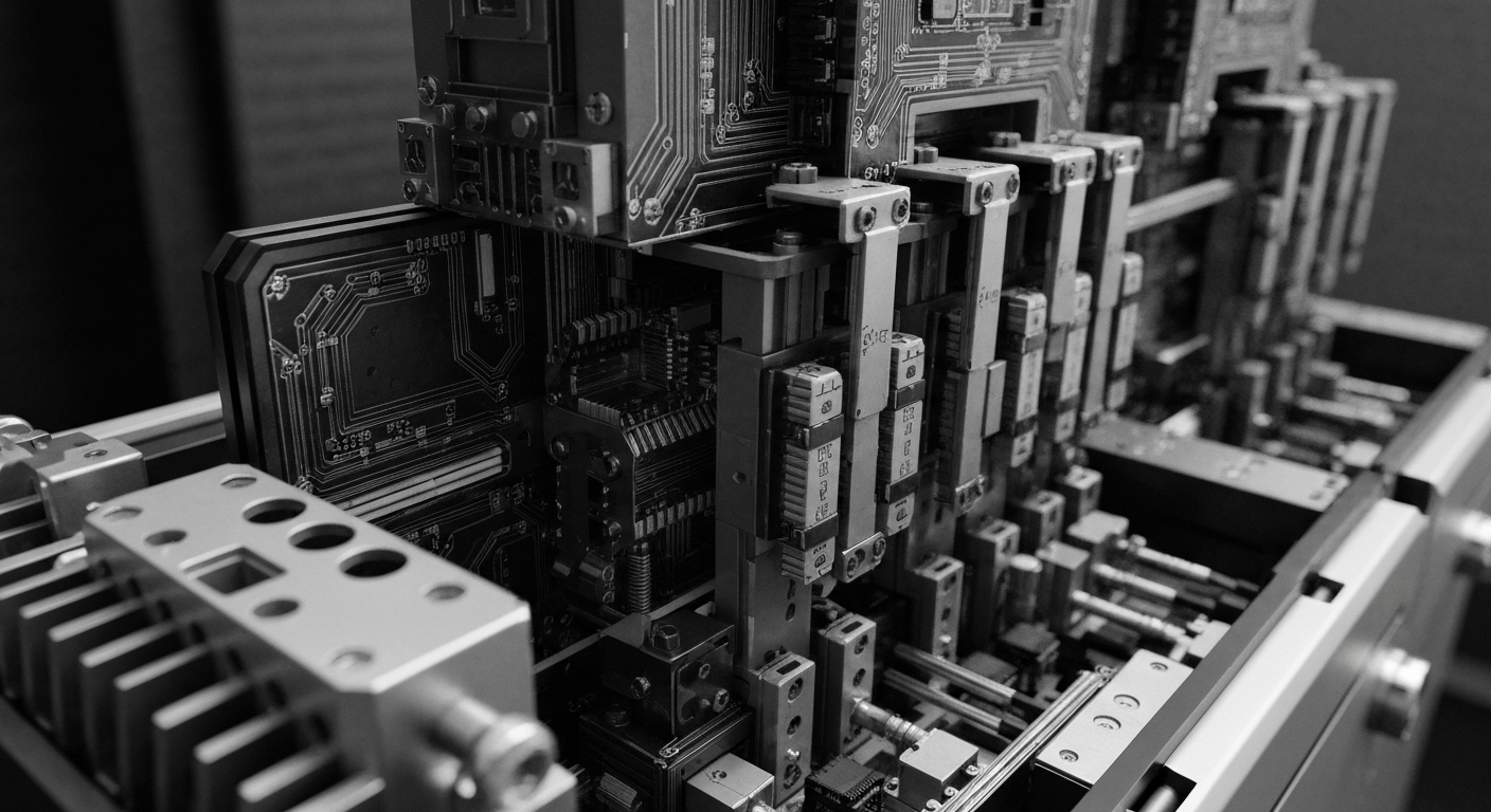 A high-contrast, close-up image of the complex inner workings of a DNA sequencing machine, with gears, circuits, and other mechanical components filling the frame in a stark, industrial style.