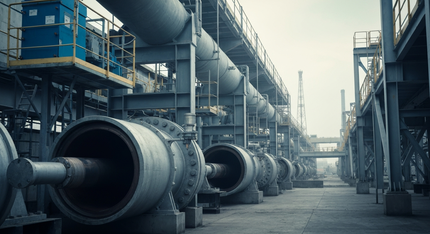 An extreme close-up of heavy, industrial plumbing and HVAC equipment, conveying the physical scale and complexity of the financial infrastructure behind a major global supplier.