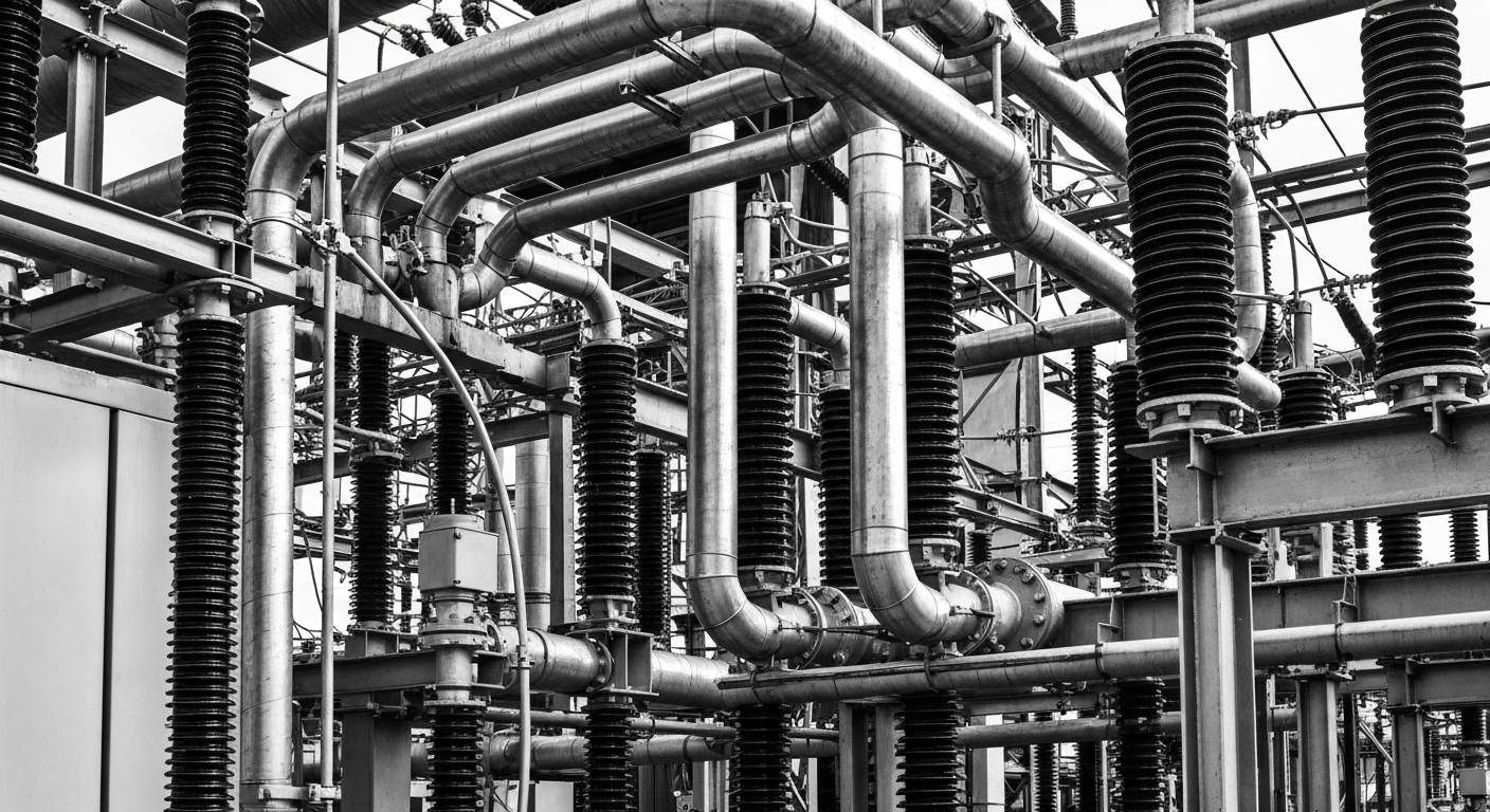 A high-contrast black and white close-up photograph of the inner workings of an electric utility substation, with a focus on the raw, industrial power of the machinery and pipes that make up the infrastructure.