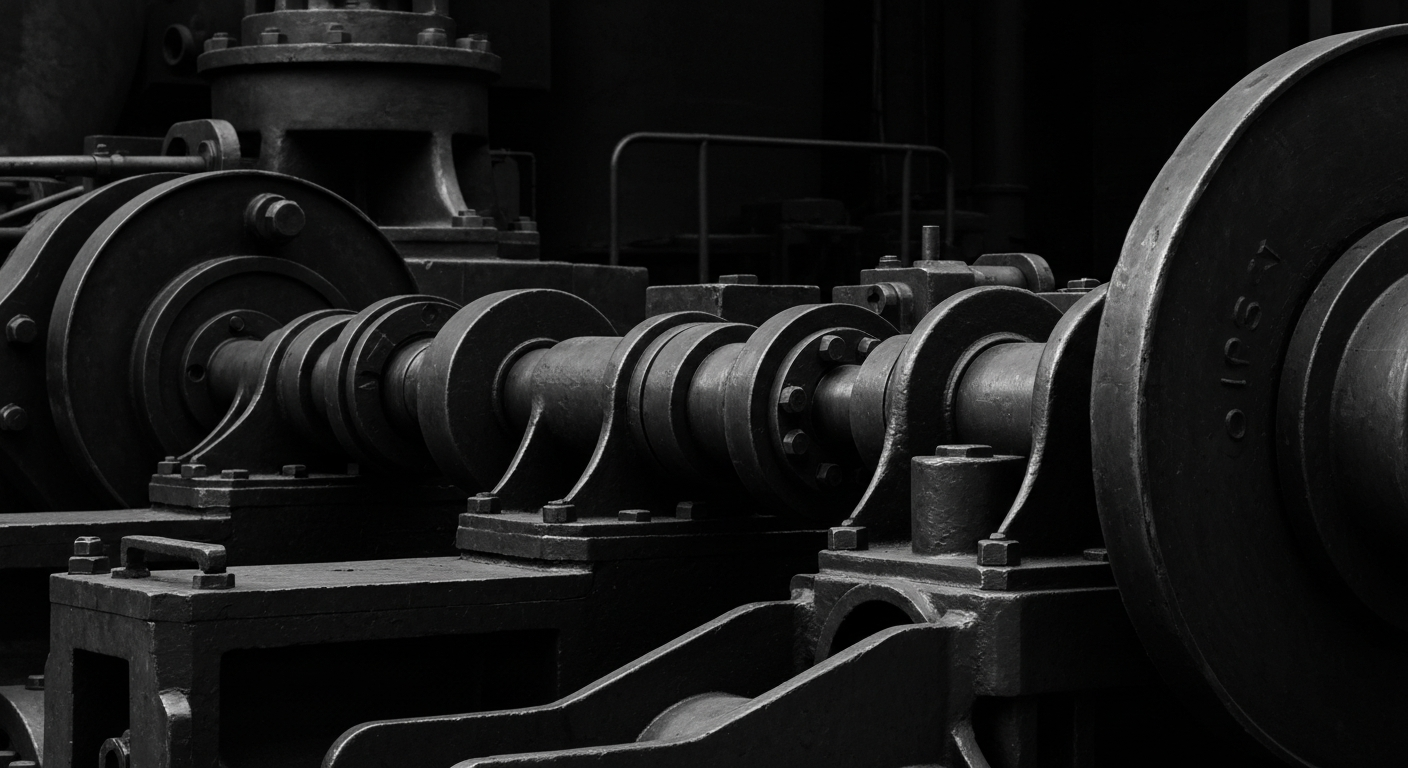 An extreme close-up of various metal industrial components and machinery, conveying the heavy, mechanical nature of the industrial supply business without using any literal financial symbols or imagery.