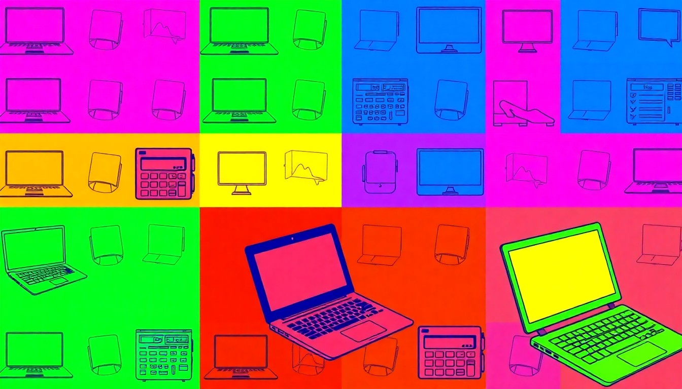 A brightly colored, high-contrast silkscreen print featuring a repeated pattern of a laptop, symbolizing the technological and analytical nature of data science classes.