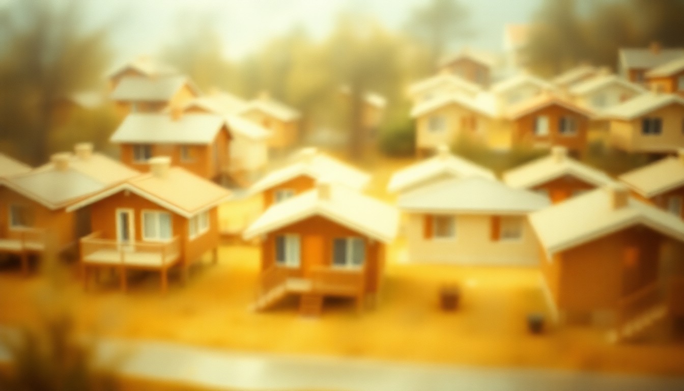 An extremely abstracted, out-of-focus photograph shot through condensation or rain-streaked glass, depicting a warm, hazy scene of tiny homes and transitional housing concepts in soft, earthy tones, conveying a sense of community and hope.