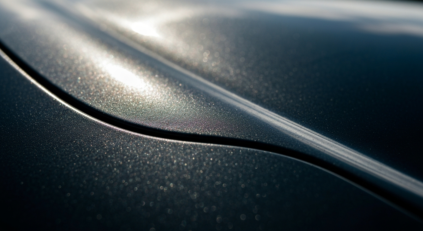 An extreme close-up of a car's paint surface, showing the pebbled texture and reflective qualities in a dramatic, artistic manner.