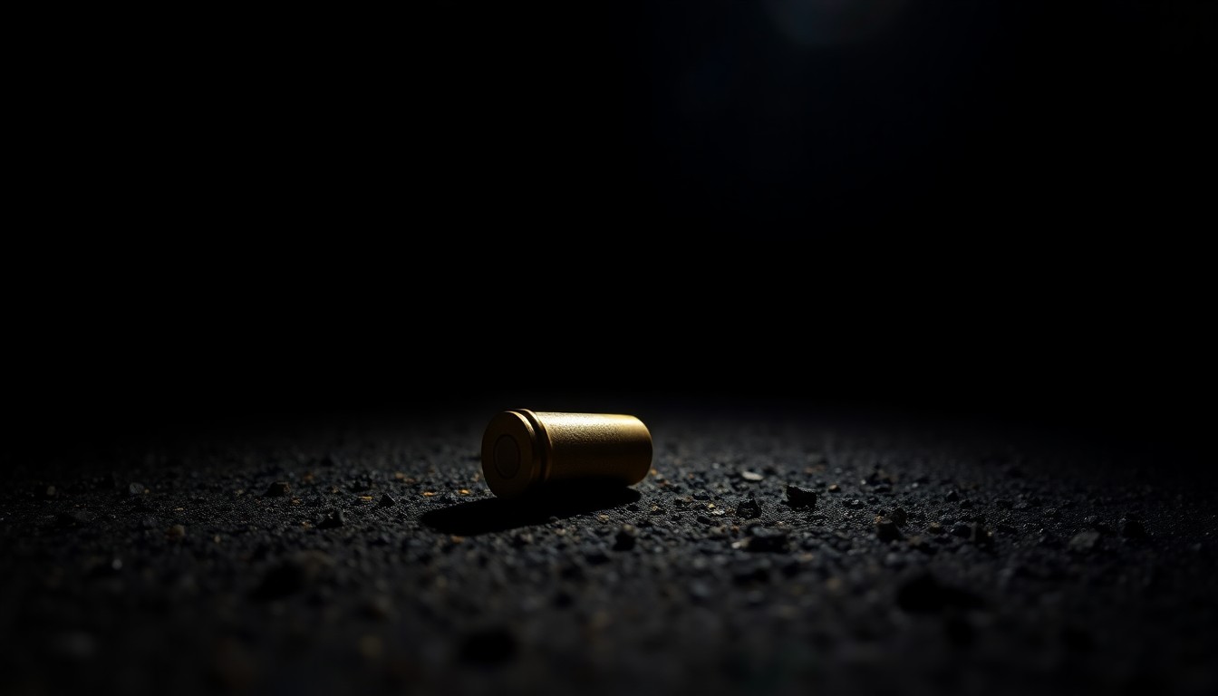 An extreme close-up photograph of a single spent shell casing on the ground, capturing the gritty, investigative nature of the crime scene.