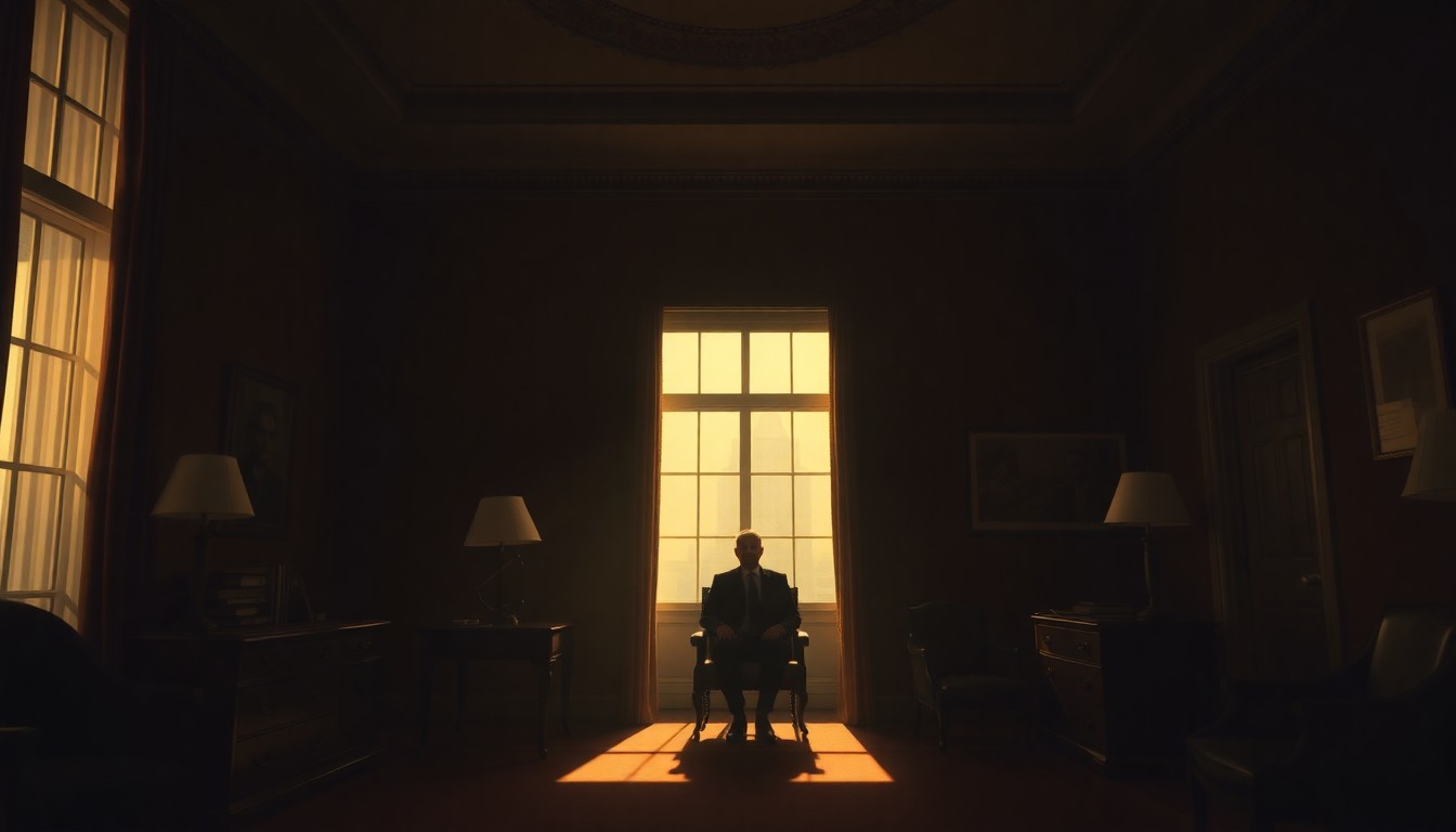 A dimly lit, cinematic painting of a solitary political figure seated at a desk in a Washington, D.C. office, with warm sunlight streaming in through a window and creating deep shadows across the room, conceptually representing the behind-the-scenes nature of political influence.