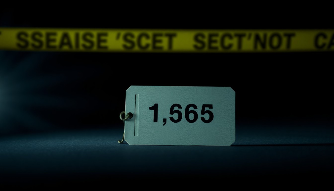 An extreme close-up of a single, unidentified crime scene evidence marker, its details obscured by the stark lighting, conveying the serious, investigative nature of this tragic event.