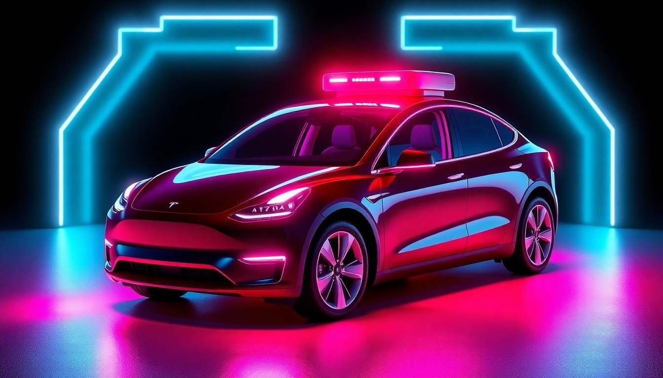 A highly detailed, glowing 3D illustration of a Tesla electric vehicle with its sensors and cameras illuminated by neon cyan and magenta lights, conceptually representing the advanced autonomous technology powering the Robotaxi service.