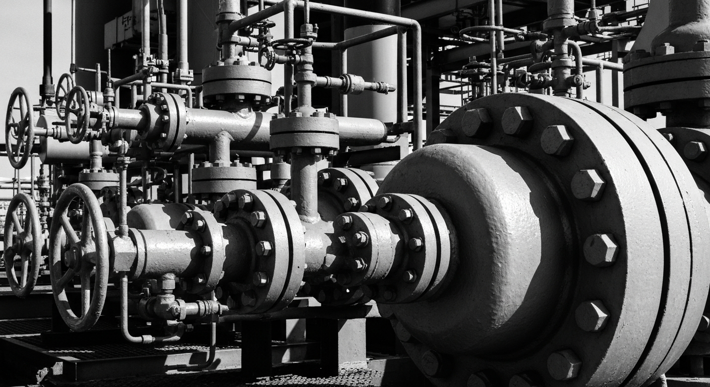 A high-contrast black and white close-up image of the complex valves, pipes, and machinery of an oil and gas pipeline terminal, conveying the industrial scale and physical nature of the energy infrastructure that powers the economy.