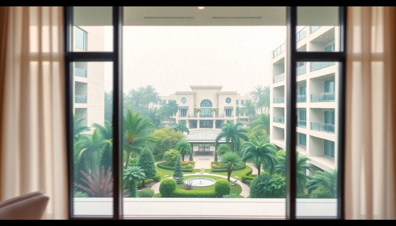 A softly focused, impressionistic photograph depicting the interior of a modern, upscale condominium unit with a view of a lush, landscaped courtyard through a rain-streaked window, conveying a sense of elegant, maintenance-free living.