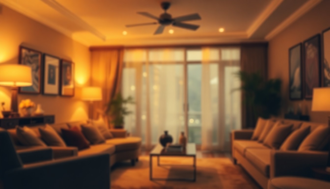 An abstract, impressionistic photograph of a softly lit living room interior, with blurred shapes and muted colors creating a sense of warmth and comfort.