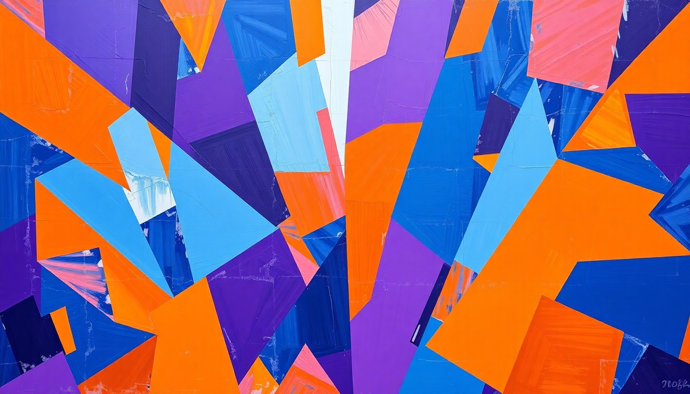 A cubist, geometric painting depicting the chaotic action of an NBA playoff game, with overlapping shapes and planes of bright, vibrant colors.