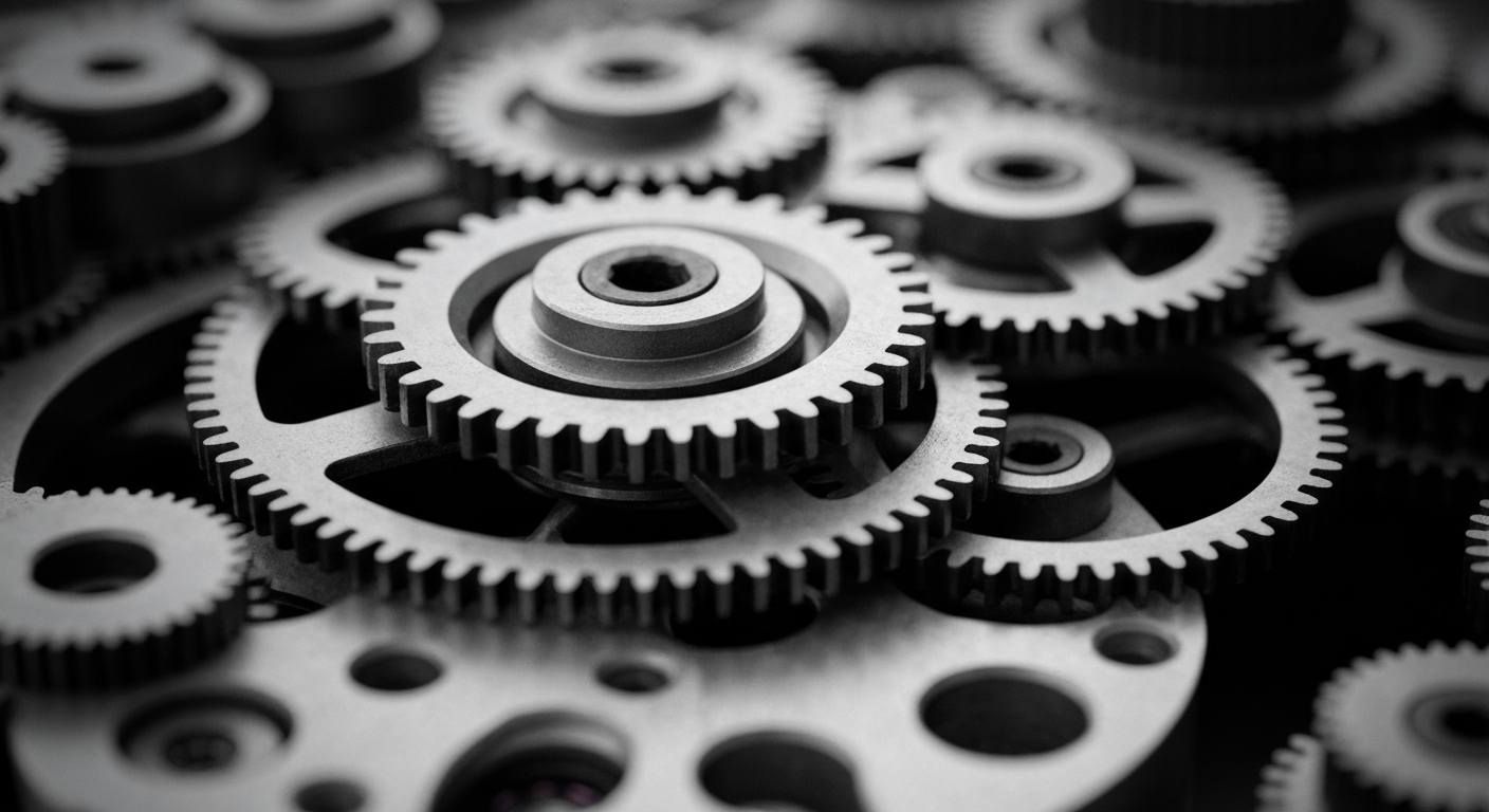 An extreme close-up of a complex, interlocking system of metal gears and machinery, representing the inner workings and technological prowess of a major computer hardware company.