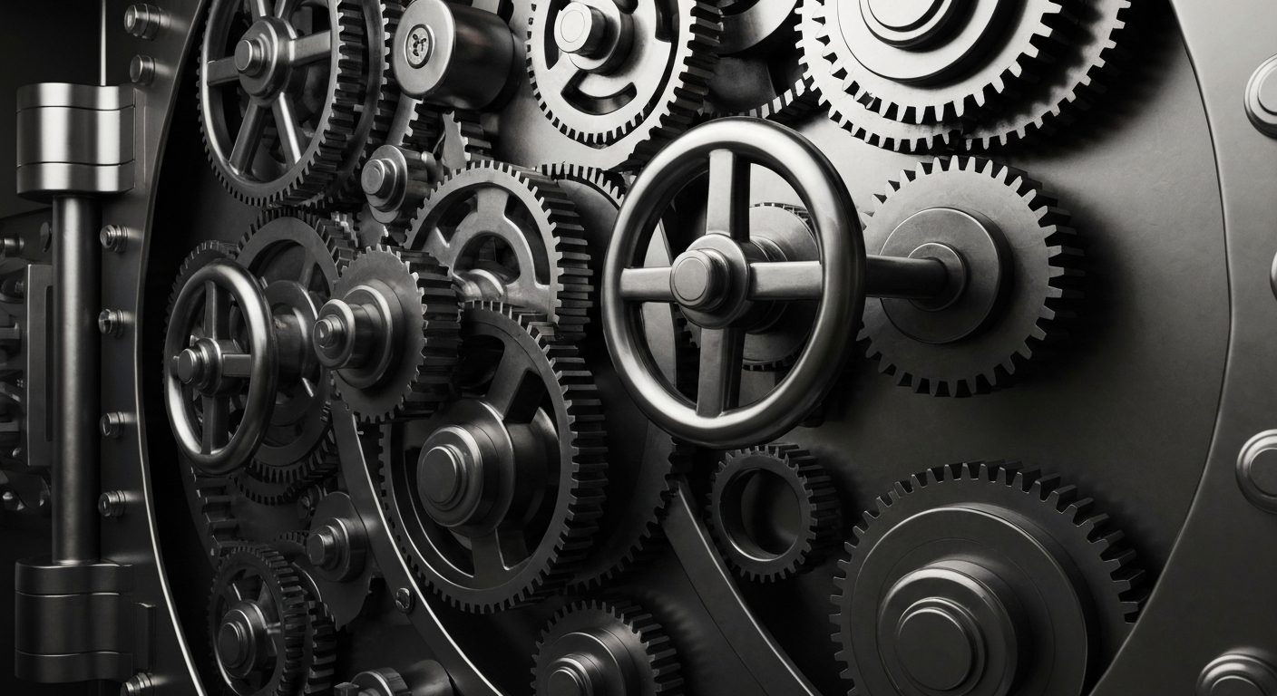 A close-up image of the inner workings of a bank vault, with complex metal mechanisms and gears filling the frame, conveying a sense of financial security and the tangible power of banking institutions.