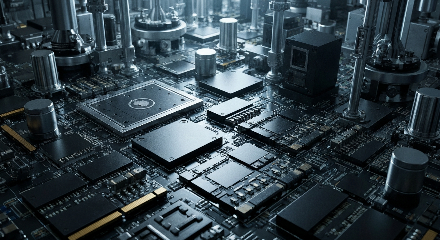 An extreme close-up of highly detailed, metallic semiconductor components and industrial machinery, conveying the complex technology and manufacturing processes behind Micron's memory and storage products.