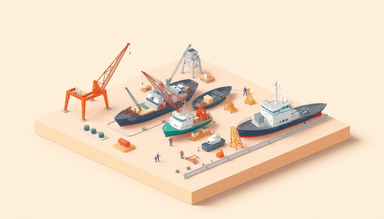 A minimalist, isometric 3D digital illustration depicting a stylized shipyard environment with cranes, ships, and workers, representing the collaborative workforce development program between Eastern Shipbuilding and Gulf County.