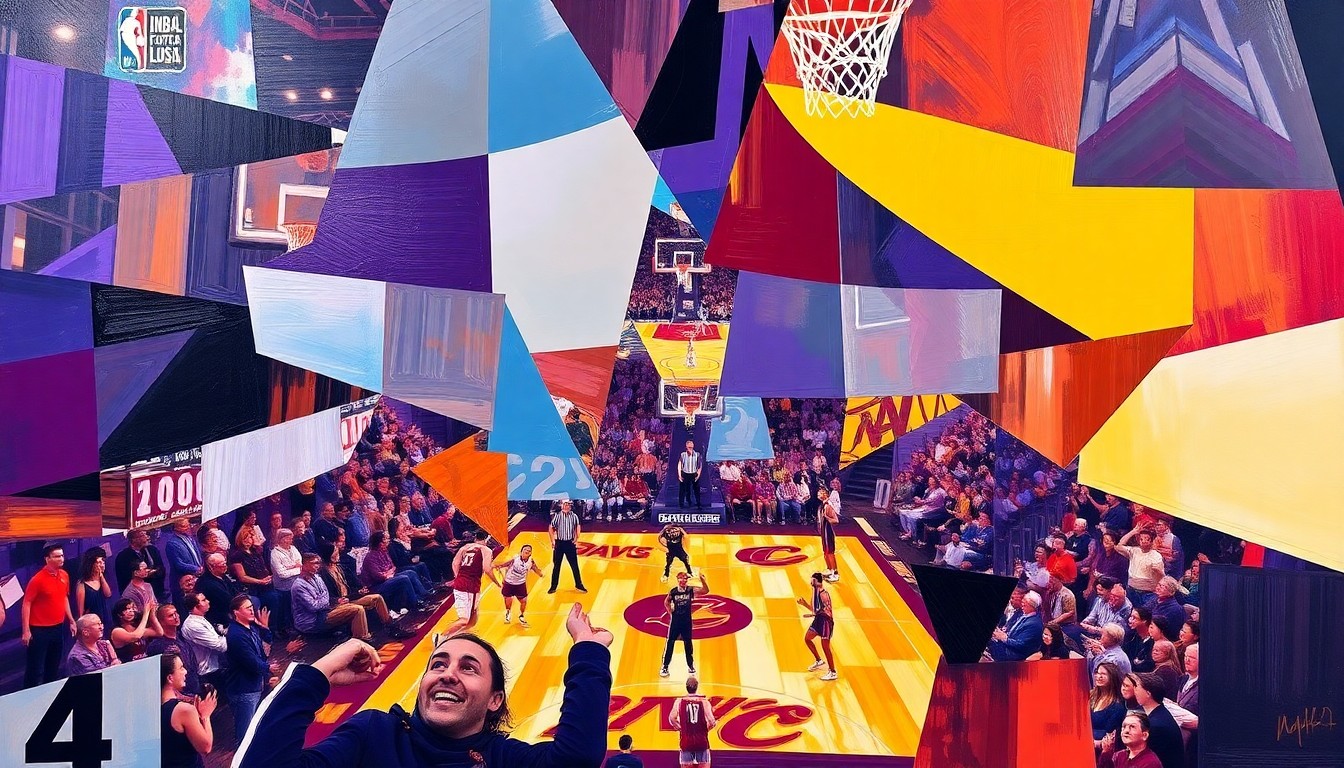 A fractured, multi-perspective painting depicting a basketball game between the Toronto Raptors and Cleveland Cavaliers, with the players and court broken down into sharp, overlapping geometric shapes in vibrant colors.