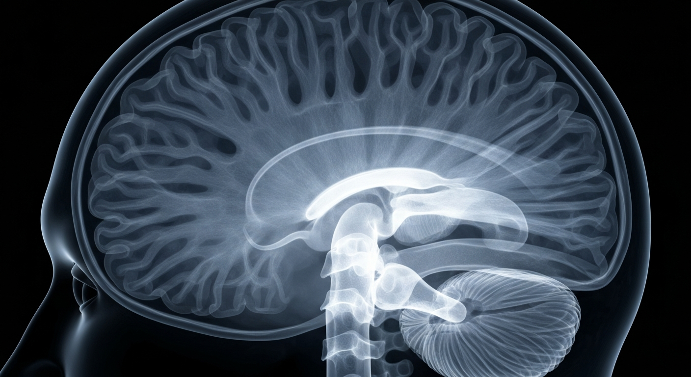 An extreme close-up macro X-ray photograph revealing the intricate internal structure of a human brain, glowing with ghostly translucent lines against a dark background, conceptually representing the cognitive challenges of migraine.