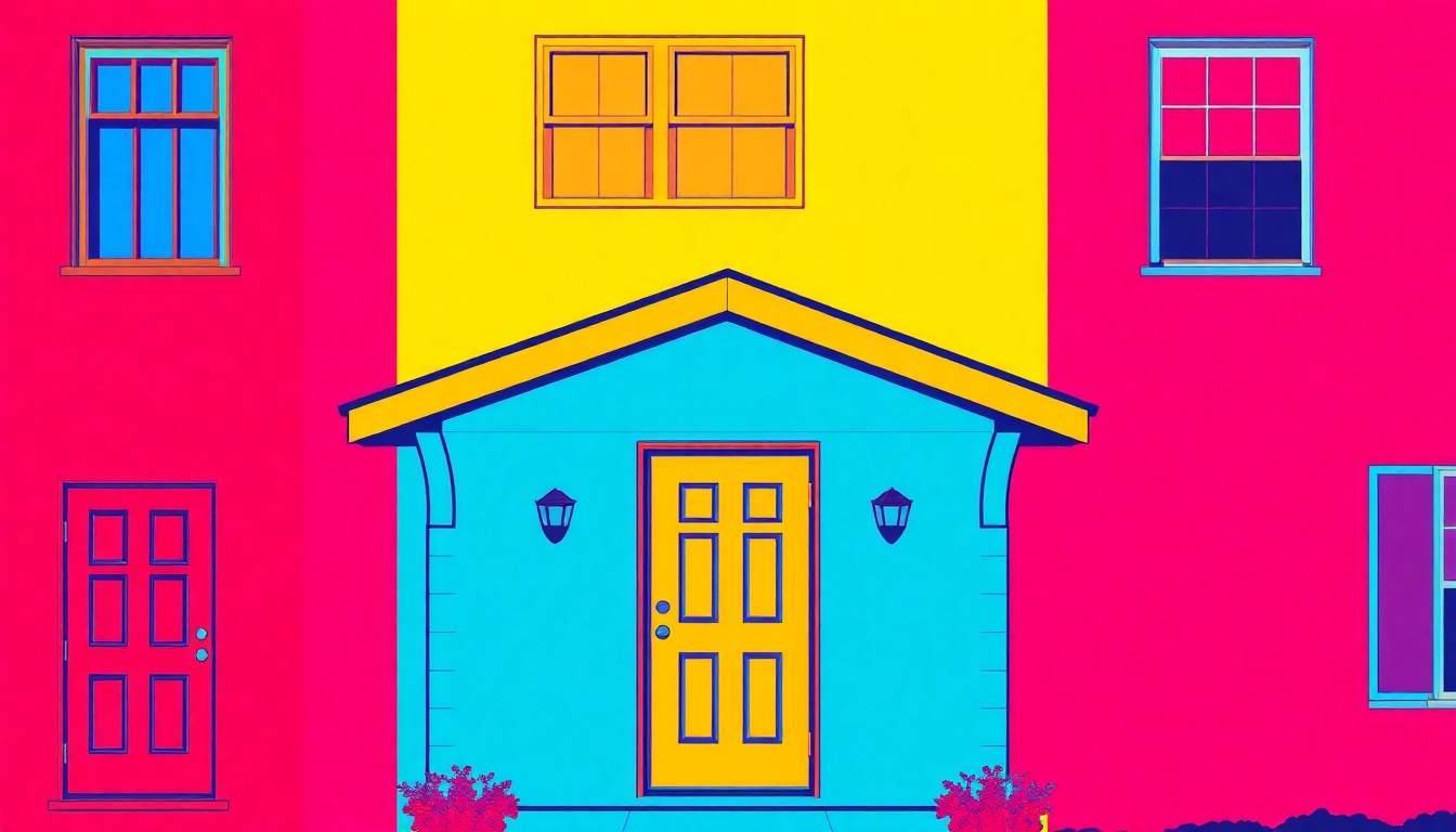 A high-contrast, silkscreen-style illustration featuring a repeating grid of a single, iconic home exterior object, such as a front door or window, rendered in a palette of bold, neon colors and heavy black outlines, conceptually representing the classic suburban charm and customization potential of the Elk Grove Village property.