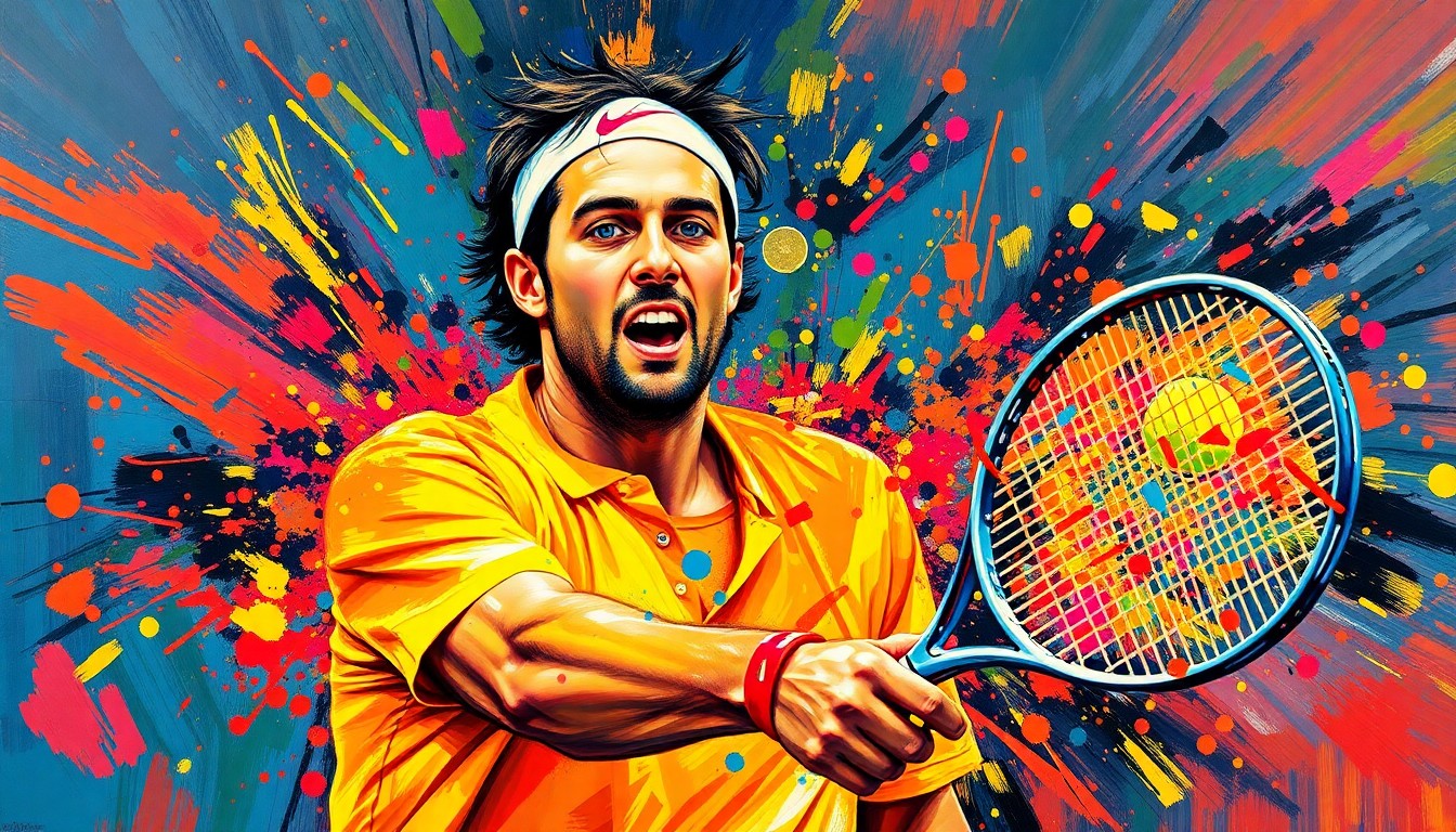 An abstract, expressionist painting in vibrant neon colors depicting the dynamic movement and energy of a tennis player, with their features dissolving into a blur of brushstrokes.