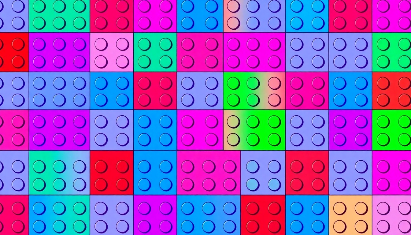 A bold, colorful silkscreen-style illustration featuring a single Lego brick repeated in a grid pattern, conceptually representing how adapted Lego sets are making the iconic toy more inclusive for visually impaired children.